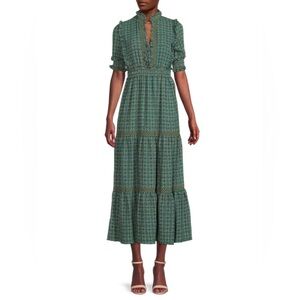 Max Studio Cottagecore Green Printed Crepe Tiered Ruffle Maxi Dress Whimsigoth